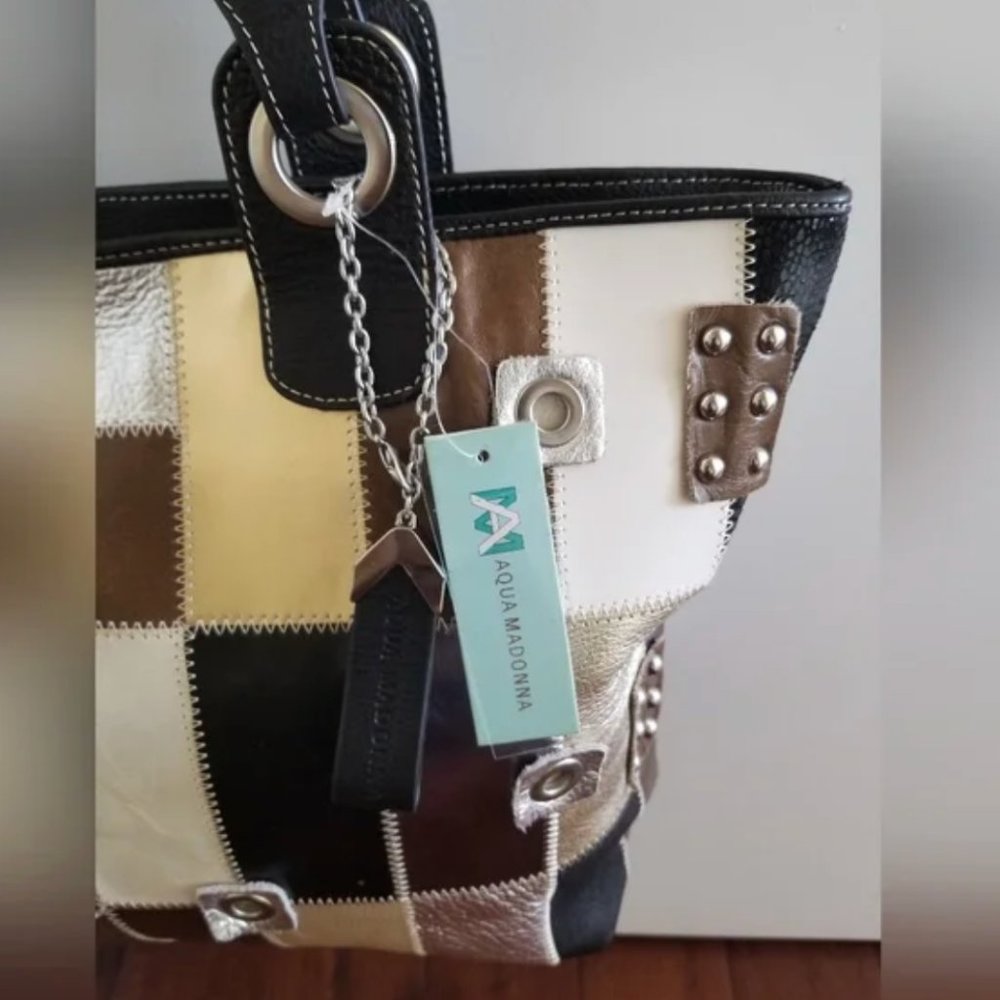 NWT DESIGNER DIRECT!! AQUA MADONNA Large Leather Patchwork Tote - Picture 7 of 8